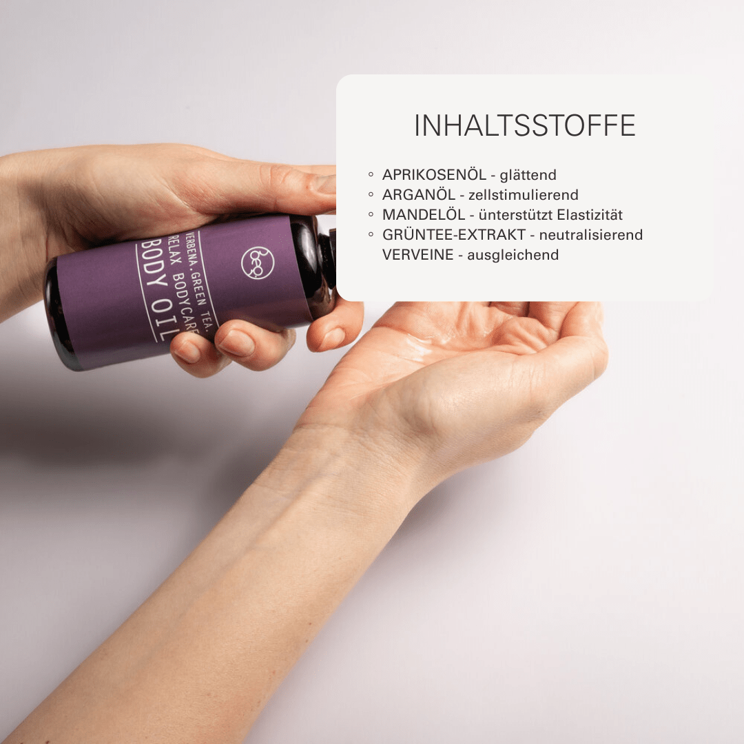 RELAX BODYCARE Körperöl mit Inhaltsstoffen wie Aprikosenöl, Arganöl, Mandelöl, Grüntee-Extrakt und Verveine für Hautpflege.
