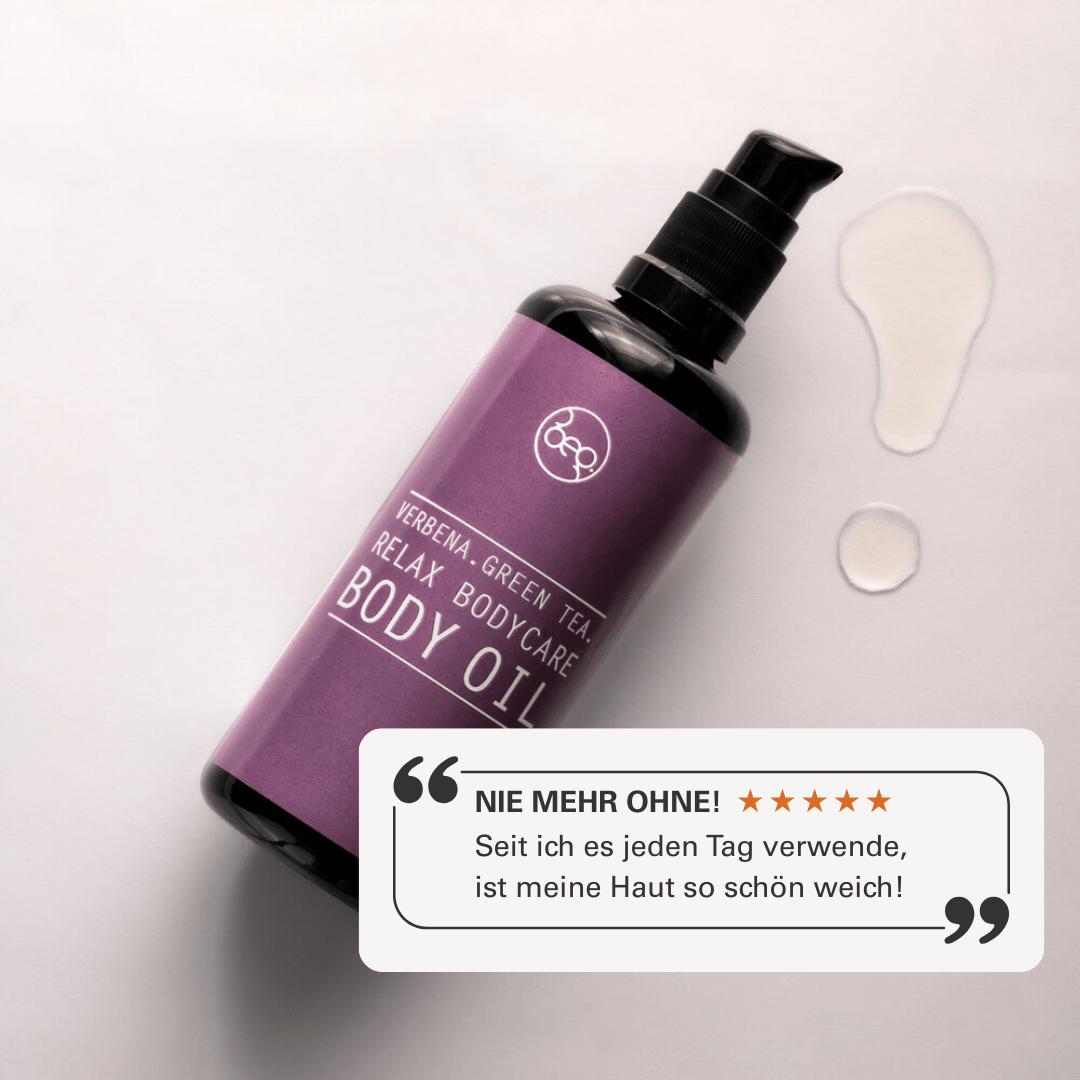 RELAX BODYCARE Körperöl mit Kundenbewertung, zieht schnell ein und macht die Haut weich – tägliche Anwendung empfohlen.