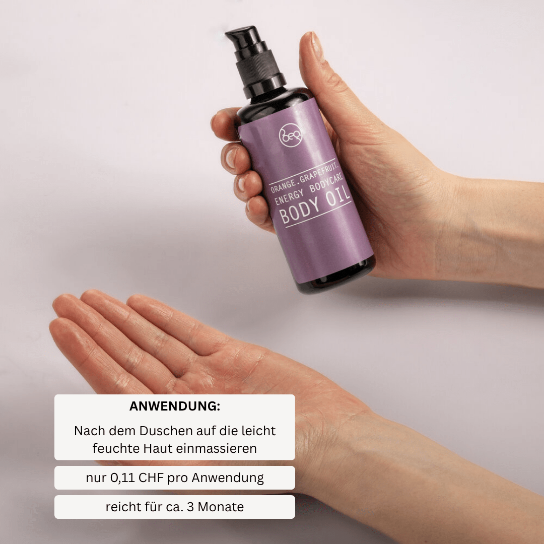Anwendung des Körperöls Energy Bodycare auf feuchter Haut nach dem Duschen, mit Preisangabe und Ergiebigkeitshinweis.