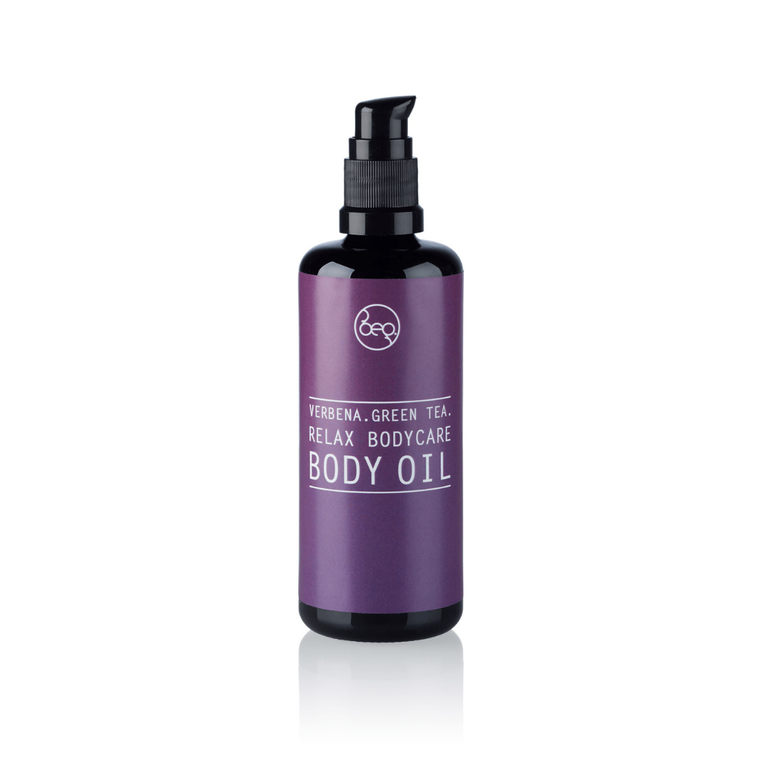 RELAX BODYCARE Körperöl mit Argan- und Mandelöl in violetter Flasche, ideal für trockene Haut mit Omega-6 und Vitamin E.